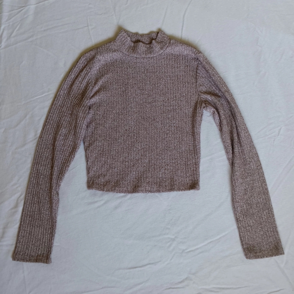 Bozzolo Neutral Brown Ribbed Knit Mock Neck Crop Sweater Size M Fall Autumn